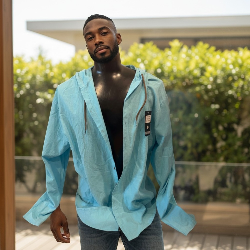 New Fashion Mens Turquoise Blue Hooded Button Down Shirt XL Light Linen Look
